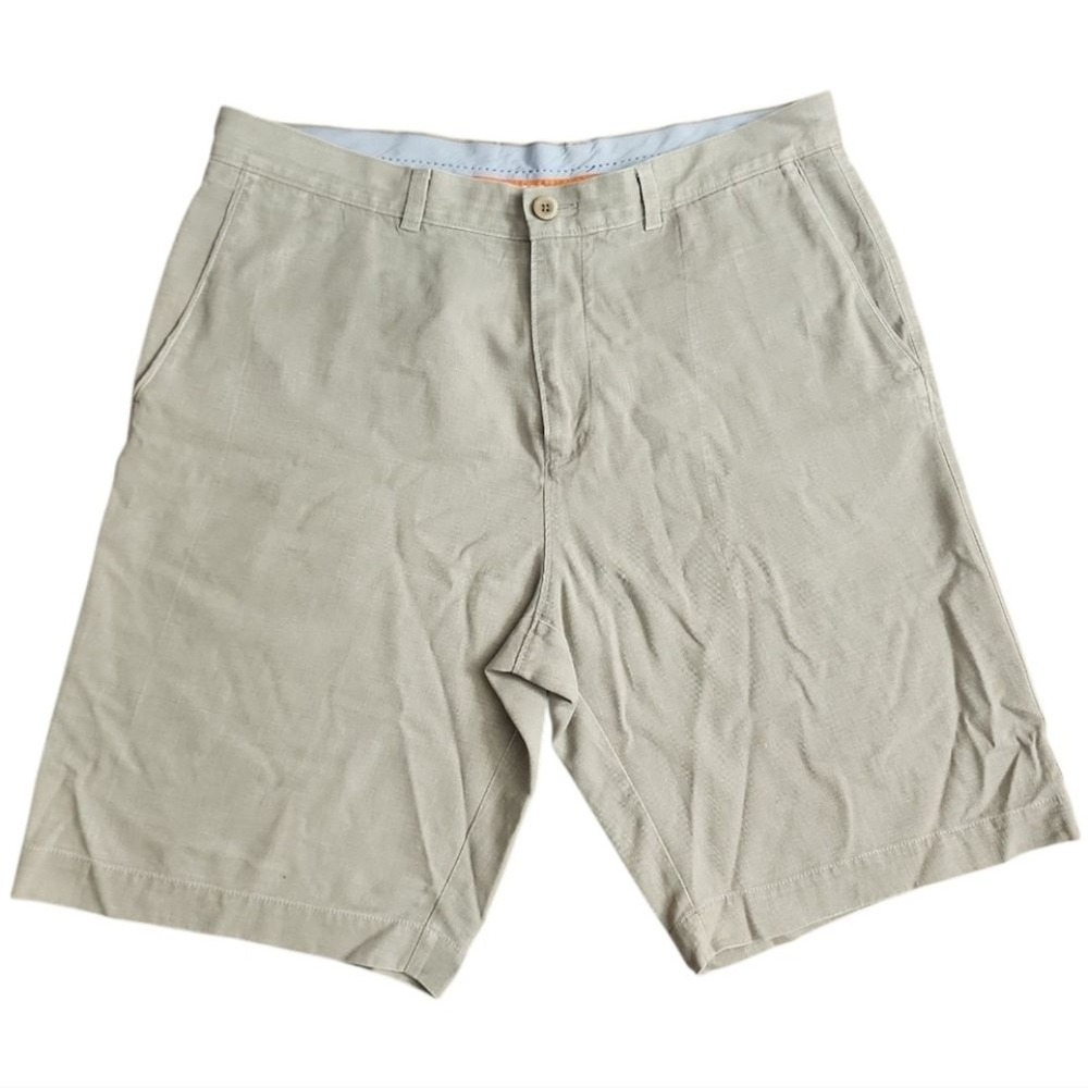 Tommy Bahama Silk Blend Shorts Men 36 Khaki Herringbone Resort Tropical Designer